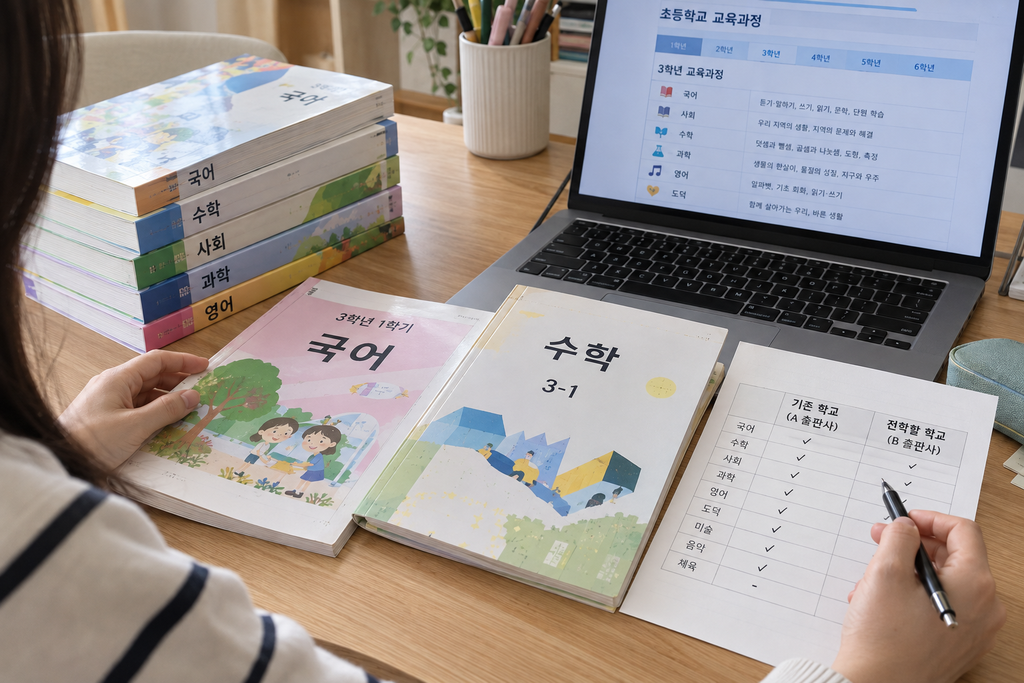 초등학교 전학 교과서 출판사를 비교하는 모습